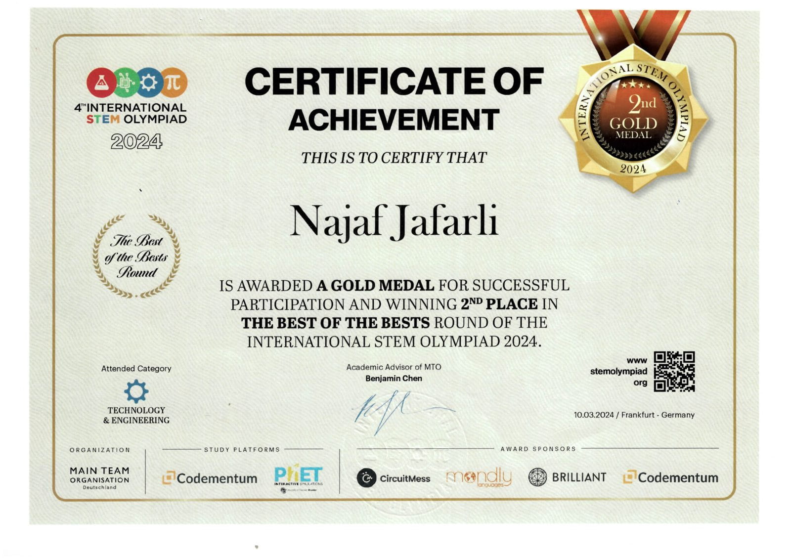 Gold Medal — 'Best of the Bests' Round, 2nd Place