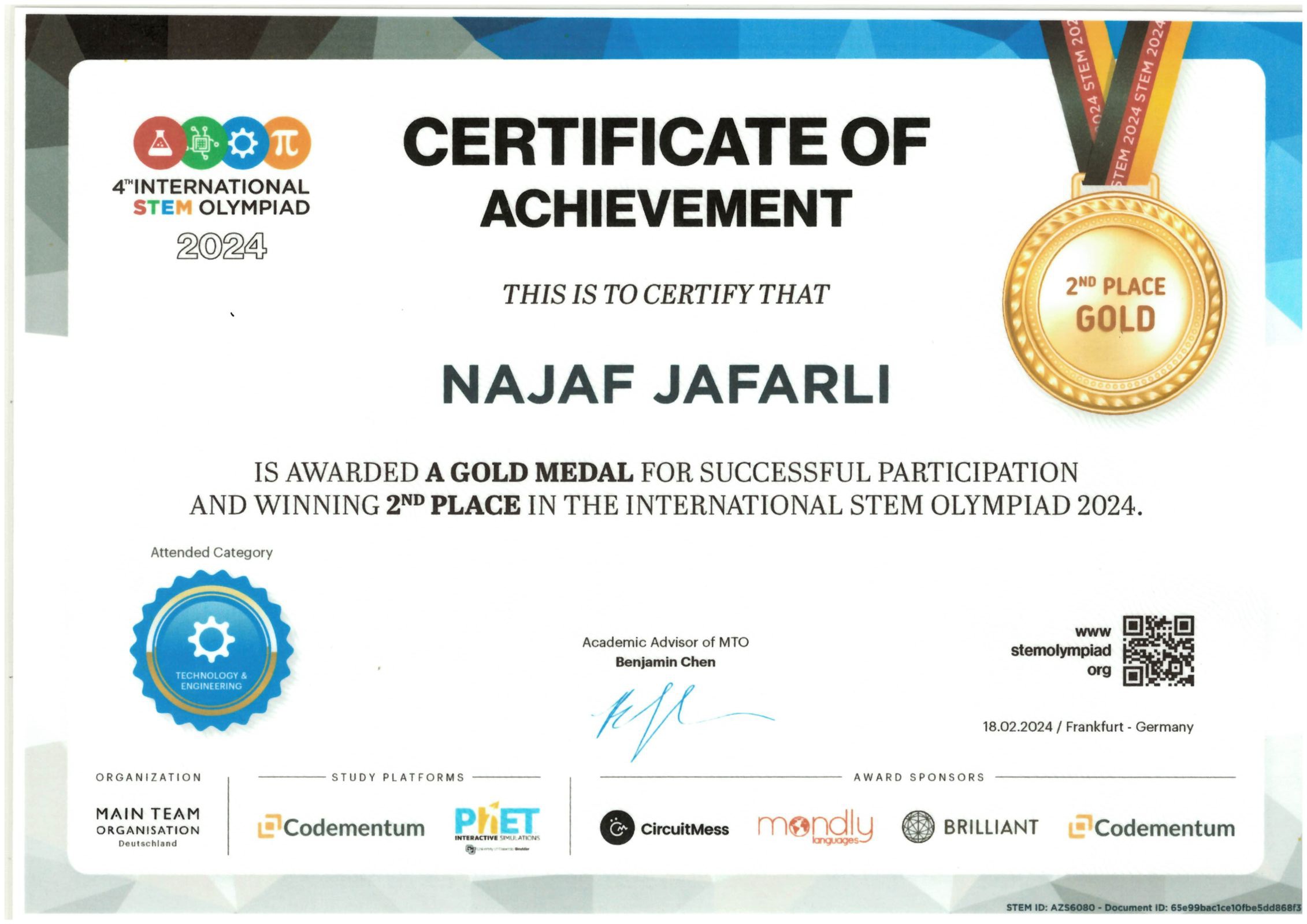 Gold Medal & 2nd Place — Technology & Engineering